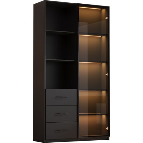 CHICFURN Vitrine LED bibliothèque 80 x 40 x 160 cm avec porte en verre trempé, 3 tiroirs, 3 niches ouvertes, éclairage 7 couleurs, meuble noir (1/5)