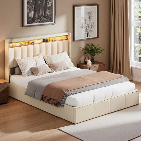 Letto matrimoniale con contenitore - 140x200cm - Velluto beige - Sistema di sollevamento idraulico - 2 posti