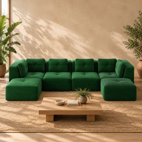 Modulares U-Sofa mit Ottomane und Schlafsofa-Option, 386 × 177 × 69 cm, Cord, Grün, REDOM (1/5)