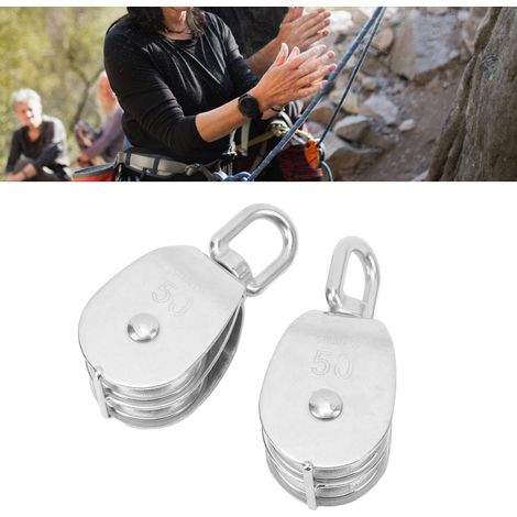 Zwei M50-Doppelrollen zu verkaufen. Diese Doppelrollen sind aus Edelstahl gefertigt und robuste Drehrollen für Seilkrane, die zum Heben von Seilen mit einer Tragfähigkeit von 400 kg verwendet werden. (1/5)