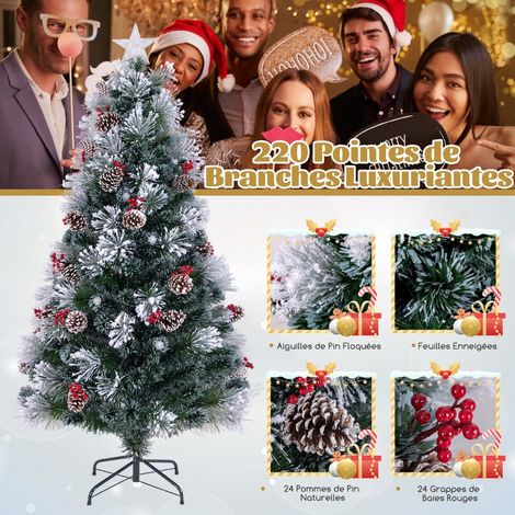 Sapin de Noël vert floqué avec baies rouges, pommes de pin et LED à fibres optiques 8 modes pour maison et bureau (1/5)