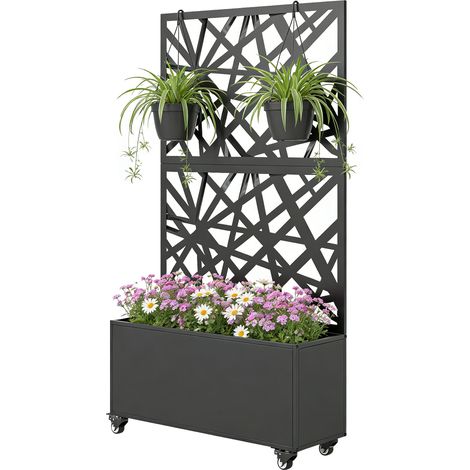 Jardinière avec treillis, bac à fleurs, avec brise-vue et roulettes verrouillables, métal, 90 x 30 x 160 cm, noir (1/5)