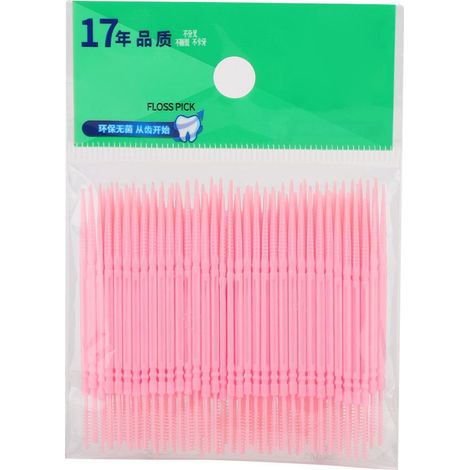 100pics Cure-dents doubles brossettes Fil dentaire Soin buccal Brosse à dents interdentaire (Rose) (1/5)