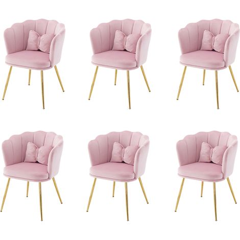 Set di 6 sedie in velluto rosa con schienale a petalo, gambe in metallo dorato e cuscini decorativi (1/5)