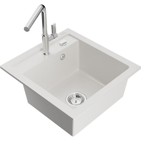 Mexen Vito lavello in granito a 1 vasca con rubinetto da cucina Flora, bianco - 6503-20-670401-00 (1/5)