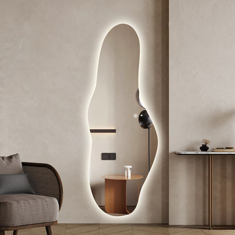 WDWRITTI Asymmetrischer Standspiegel 165x60cm Ganzkörperspiegel mit Beleuchtung Asymetrischer Spiegel mit Beleuchtung für Ankleidezimmer, Schlafzimmer, Wohnzimmer, Friseursalon