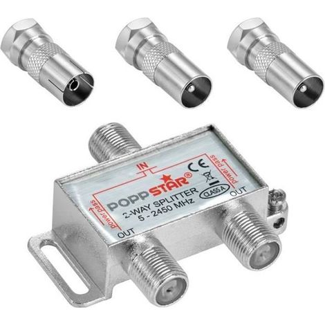 Répartiteur d'antenne TV - POPPSTAR - 2 sorties - 100dB - 5-2450 MHz - Adaptateur IEC inclus