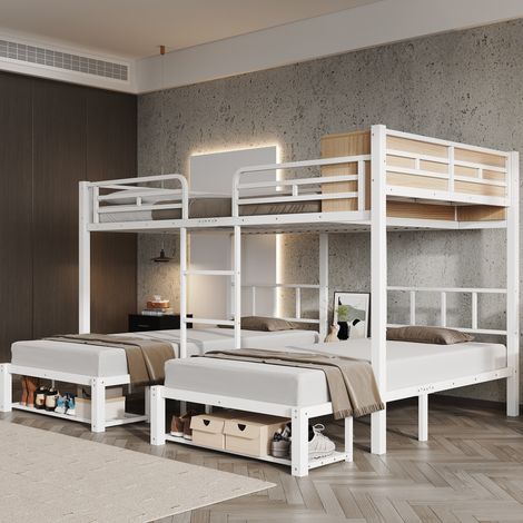 OKWISH Metall-Etagenbett Weiß 140x200/90x200 cm mit 3 Schlafplätzen (1/5)