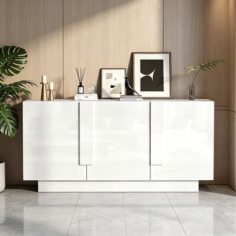 Buffet bas de salon 35x160x60cm, Meuble de rangement avec 3 portes et 6 compartiments, En bois brillant moderne, Blanc (1/5)