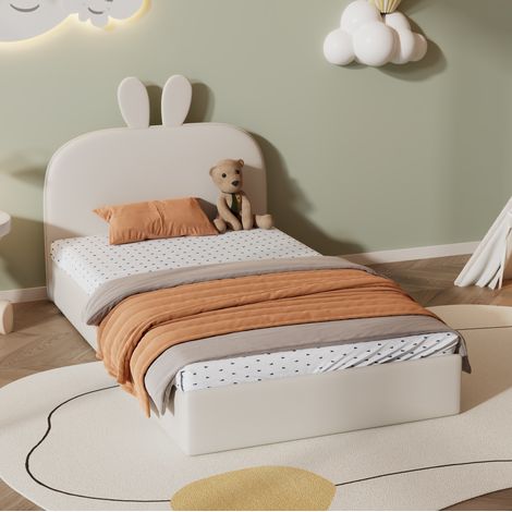 Lit simple enfant 90x200 tête lapin velours beige HAVRYA (1/5)