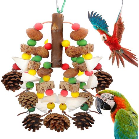 Jouet à mâcher suspendu en bois naturel avec cônes de pin pour perroquets et oiseaux (1/5)