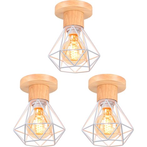Lámparas de Techo, Vintage Plafones Ø16cm Diseño de Jaula de Diamante, Industriale Luminaria de Techo E27 para Dormitorio Salon Cocina Comedor Blanco Madera - 3 Piezas (1/5)