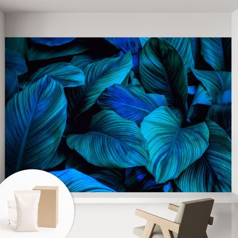Papier peint intissé avec imprimé pour intérieur moderne application facile a motif - Colle incluse gratuite Feuilles bleues 152x104 cm (1/5)