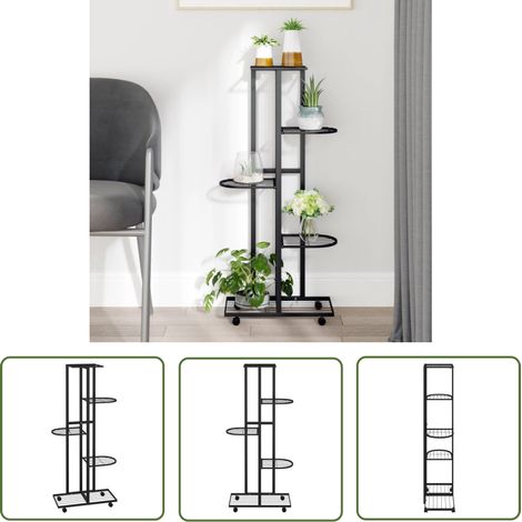 The Living Store Jardinière à 5 niveaux avec roues 44x23x100 cm Noir Fer - Support Plante - Jardinerie - Étagère Murale - Fleur Pot - Décoration Intérieur (1/5)