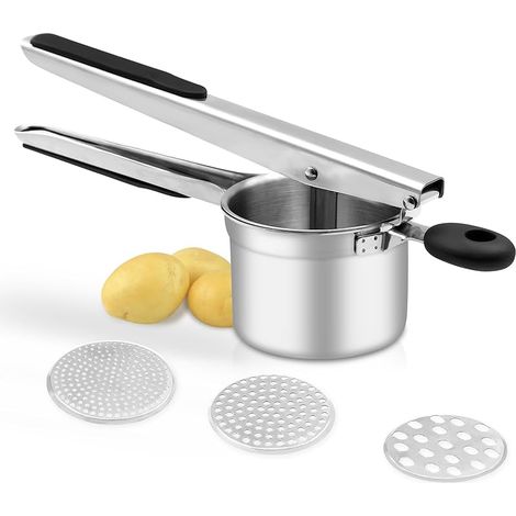 Presse-purée robuste avec 3 disques interchangeables en acier inoxydable pour purée de pommes de terre moelleuse, machine à spaetzle, presse à pommes de terre (argent) (1/5)
