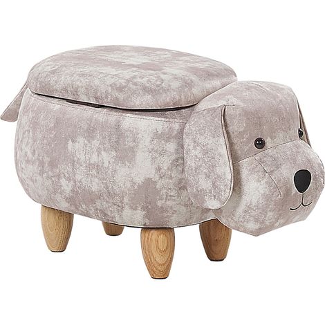 Puf animal para niños tapizado en terciopelo beige con almacenamiento patas de madera asiento Doggy (1/5)