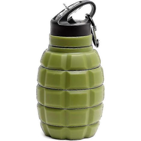 Gourde pliable en forme de grenade, avec mousqueton, idéale pour la randonnée et le vélo. Couleur : vert armée, 580 ml. (1/2)