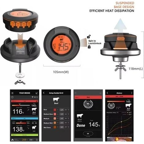 FIBILA Bluetooth-Funkthermometer – Digitales Fleischthermometer – Grillzubehör – Kochthermometer – Kompatibel mit 2/4 Sonden – LCD-Bildschirm und Steuerungs-App – Wasserdicht nach IP54 – 2 Sonden