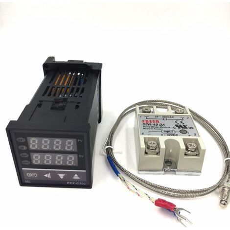 Contrôleur de température intelligent REX-C100FK02-VDN, sortie relais statique (SSR), connecteur SSR-40 DA, sonde thermocouple de type K et dissipateur thermique (1/5)