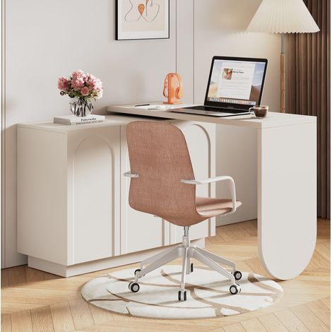 MODFU – Escritorio esquinero giratorio 110 cm de MDF con compartimentos, mesa abatible, estantes regulables y cierre amortiguado – Blanco (1/5)