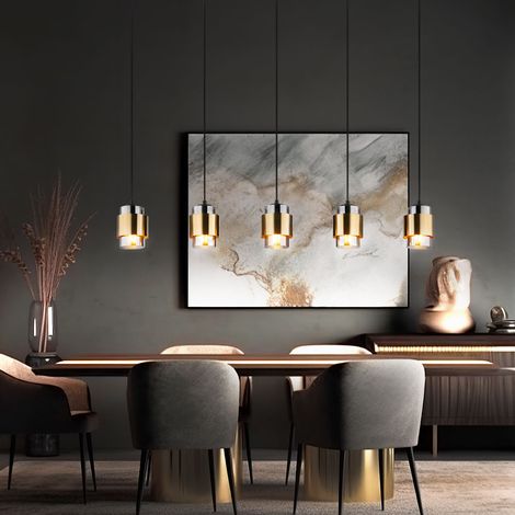 Hängeleuchte Esszimmerleuchte Pendellampe Wohnzimmerlampe Esstischleuchte, Metall schwarz Messingring Glas rauchfarben, 5 Flammig E27, H 150 cm