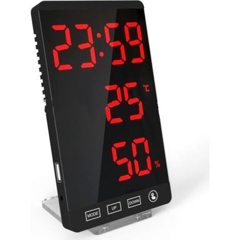 Horloge à miroir LED, thermomètre et hygromètre, horloge météo électronique, réveil, lettres rouges en gras (1/5)