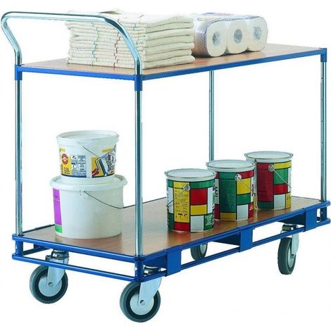 PROVOST - Chariot multiservice 2 niveaux en acier bleu - Plateau bois verni - Hauteur réglable