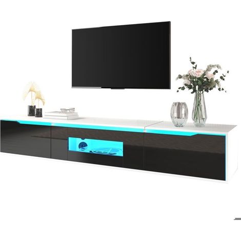 Meuble TV - SOGEU - Meuble TV rectangle 180x35x30 cm - Laqué blanc/noir - LED 16 couleurs 4 modes - Portes cannelées 3 tiroirs (1/5)