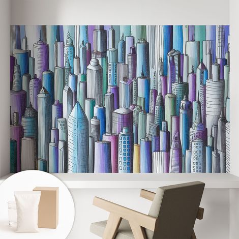 Papier peint intissé pour salon chambre à coucher peint imprimé Installation facile - Colle incluse gratuite Gratte-ciel urbains 104x70 cm (1/5)