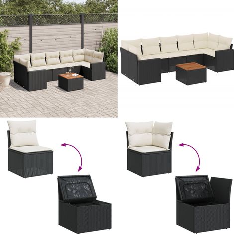 Salon de jardin 8 pcs avec coussins noir résine tressée - Salon De Jardin - Mobilier Extérieur - Set Salon De Jardin - Résine Tressée - Rotin Synthétique - Home & Living (1/5)
