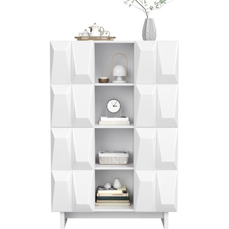 Vitrine, meuble à chaussures, armoire haute, panneaux de particules, finition en relief, 4 portes, 12 compartiments, compartiments ouverts, salon, couloir (1/5)
