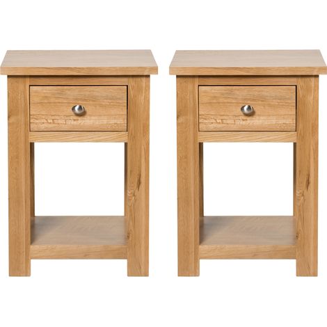 Hallowood Furniture Set of 2 Waverly Oak Lamp Tables with Drawer and Lower Shelf, Solid Wooden Oak Side Table, Light Oak Plant Stand, Nightstand, Fully Assembled Bedside and Living Room Furniture (1/5)
