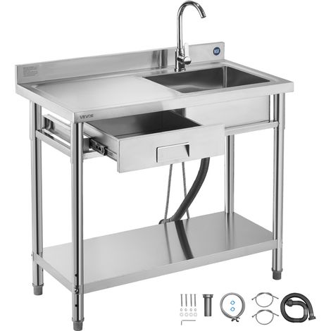 VEVOR Evier cuisine utilitaire en acier inoxydable, evier professionnel autoportant a cuve unique avec tiroir, robinet et tuyau deeau chaude et froide, pour garage, restaurant, buanderie 100x50x94 cm (1/5)