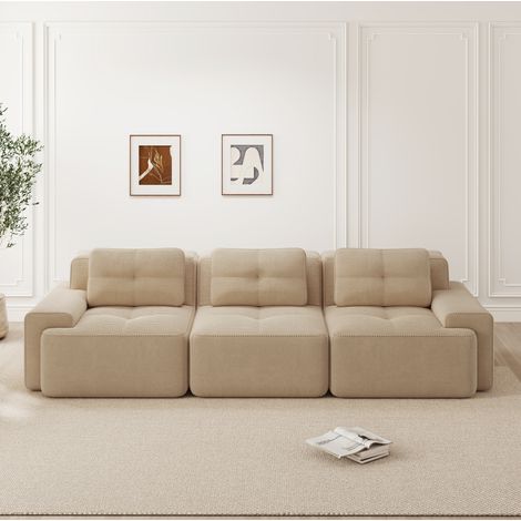 Canapé droit 3 places beige 293cm –Tissu velours côtelé beige– Accoudoirs larges –Assise profonde – Confort optimal – Sans assemblage (1/5)