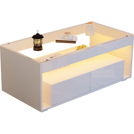 Table basse moderne 1005040 cm avec éclairage LED, table basse rectangulaire avec 2 grands tiroirs, table de salon spacieuse en verre, design à double niveau, finition brillante, grande table de salon (1/5)