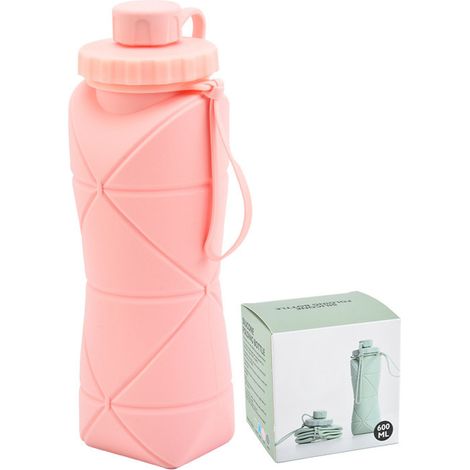 Bouteille d'eau pliable 600ml en silicone alimentaire, large ouverture, sécurisée pour enfants, idéale camping voyage sport rose (1/5)