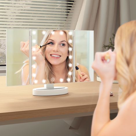Specchio per il trucco con luce, ingrandimento 1X/2X/3X, rotazione libera a 180°, 21 luci LED, interruttore a sfioramento, bianco (1/5)