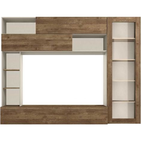 Meuble TV mural avec rangements 1 porte vitrée et étagères beige et aspect bois - PALACIO (1/4)