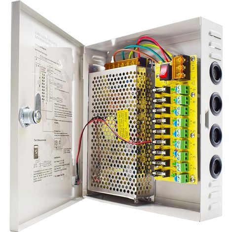 Alimentation 12V 10A 9 Canaux, Boîtier d'alimentation Distribuée CCTV pour Caméra de Surveillance, Adaptateur 120W avec Protection, Montage Mural (1/5)
