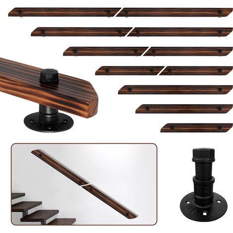 Randaco Wandhandlauf aus Kiefernholz 60 cm, braun mit Holzmaserung, Treppenhandlauf mit Eisenhalter, horizontal vertikal schräg montierbar (1/5)