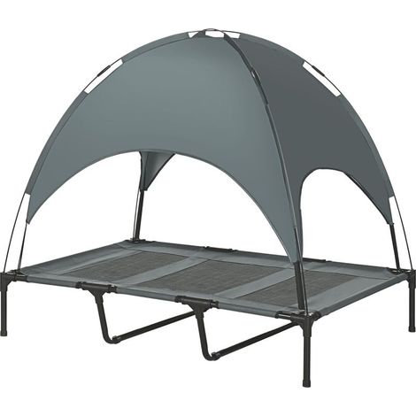 Lit chien sureleve avec parasol, lit de camp chien chat sur pieds tissu Oxford respirant, anti-UV cadre en métal sac de transport inclus couchage extérieur pour chat 122 x 92 x 108 cm gris noir (1/5)