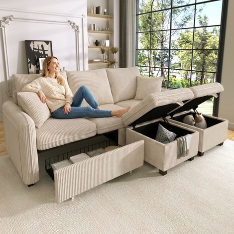 Canapé d'angle multifonctionnel 3 places en forme de U avec rangement intégré (tiroirs + pouf), canapé modulable convertible en lit, revêtement en velours côtelé (1/5)