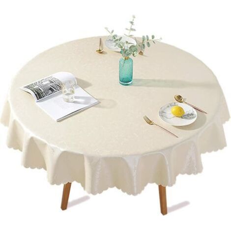 PU Nappe Enduite Plastique Ronde Anti Tache Toile Cirée Impermeable Impression Elegante Fleurs pour Picnic, Exterieur, Jardin - Diametre 140 cm, Beige Clair