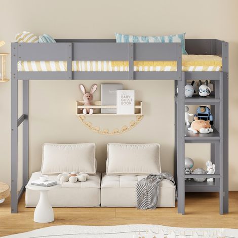 Lit Mezzanine 90x200cm - Lit Enfant en Pin Massif avec Étagère de Rangement et Barrières de Sécurité - Style Moderne - Gris (1/5)