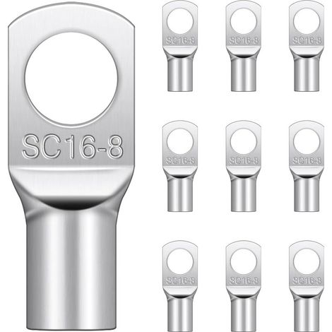 Lot de 10 cosses tubulaires M8 - 16 mm² - Cosses à anneau SC non isolées - En cuivre étamé - Pour câbles de batterie - Boîtes de distribution de voiture (1/5)