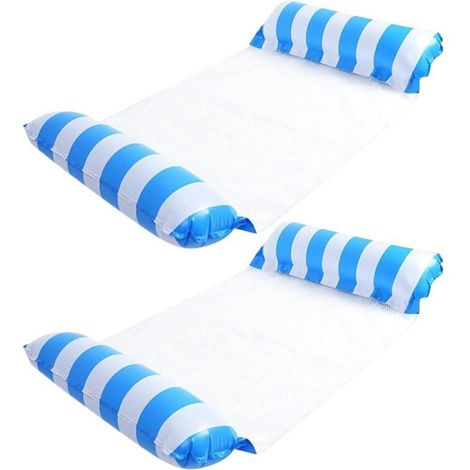 Lot de 2 hamacs gonflables pliables avec sièges en filet et appuie-têtes, parfaits pour la plage, la piscine et les fêtes - bleu (1/5)