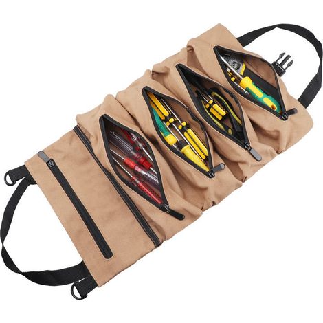 BEBUSINGOTO Bolsa de herramientas de lona caqui, multifuncional con 5 bolsillos, ideal para el hogar, carpintería y herramientas de electricista. (1/4)