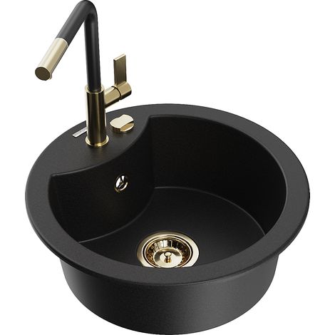 Mexen Diego 1-Becken-Granitspüle mit Mischbatterie Flora, Schwarz - 6512-77-670401-57-G (1/5)