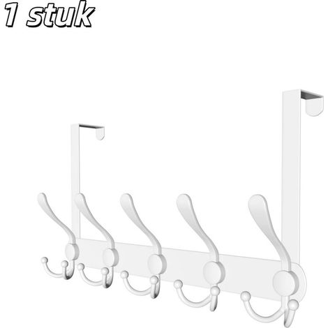 No-drill over-the-door coat rack with 5 hooks for bedroom, bathroom, kitchen, and living room, white (1/5)