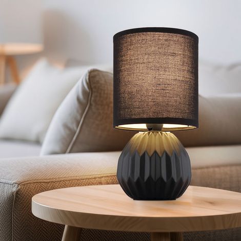 Tischlampe schwarz Keramik Nachttischlampe Tischleuchte Beistelllampe Wohnzimmerlampe Textil, 1x E14, DxH 12 x 23 cm